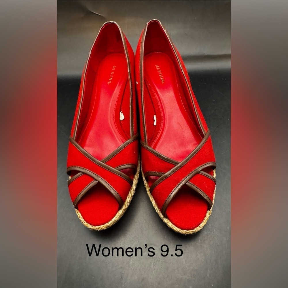 Women’s Merona Wenda Peep toe Wicker Style Wedges Heels Red/Brown Size 9.5 YR 22